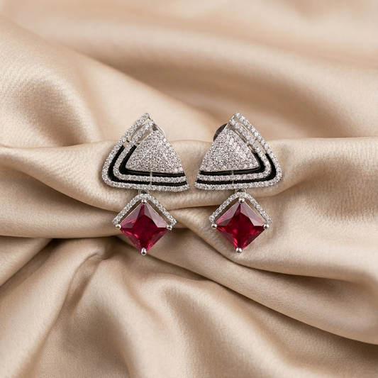 Rhodium Plated Red Ruby Earrings