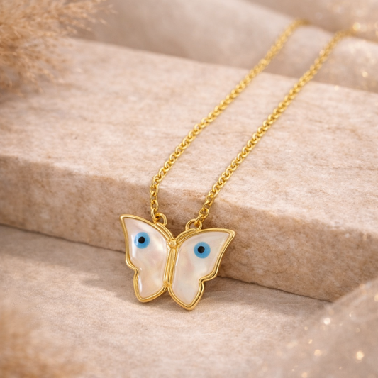 Gold Plated Butterfly Pendant with Evil Eye