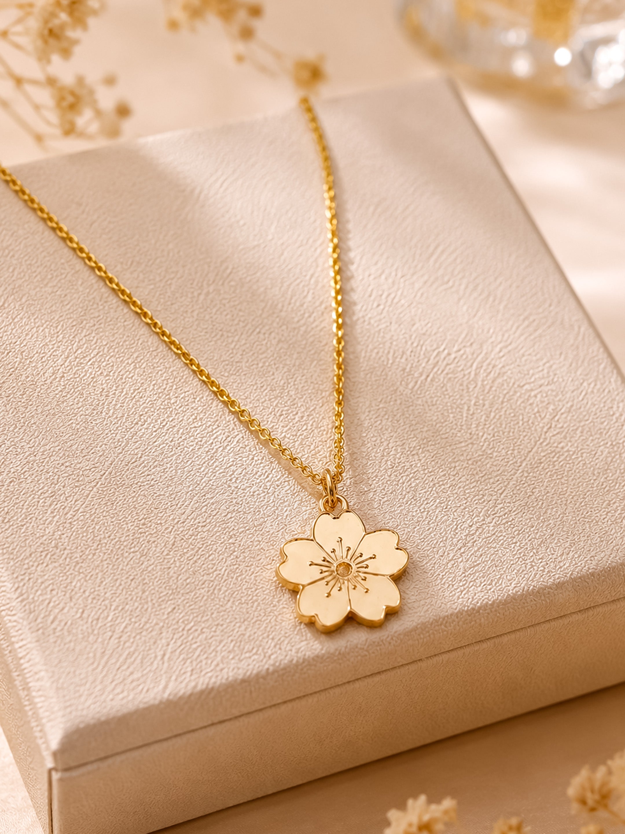 Gold Plated Beige Flower Pendant Necklace