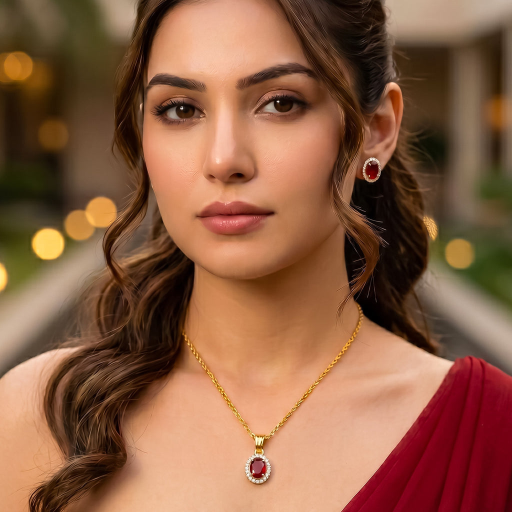 Gold Plated Red Cubic Zirconia Solitaire Halo Pendant & Earrings Set