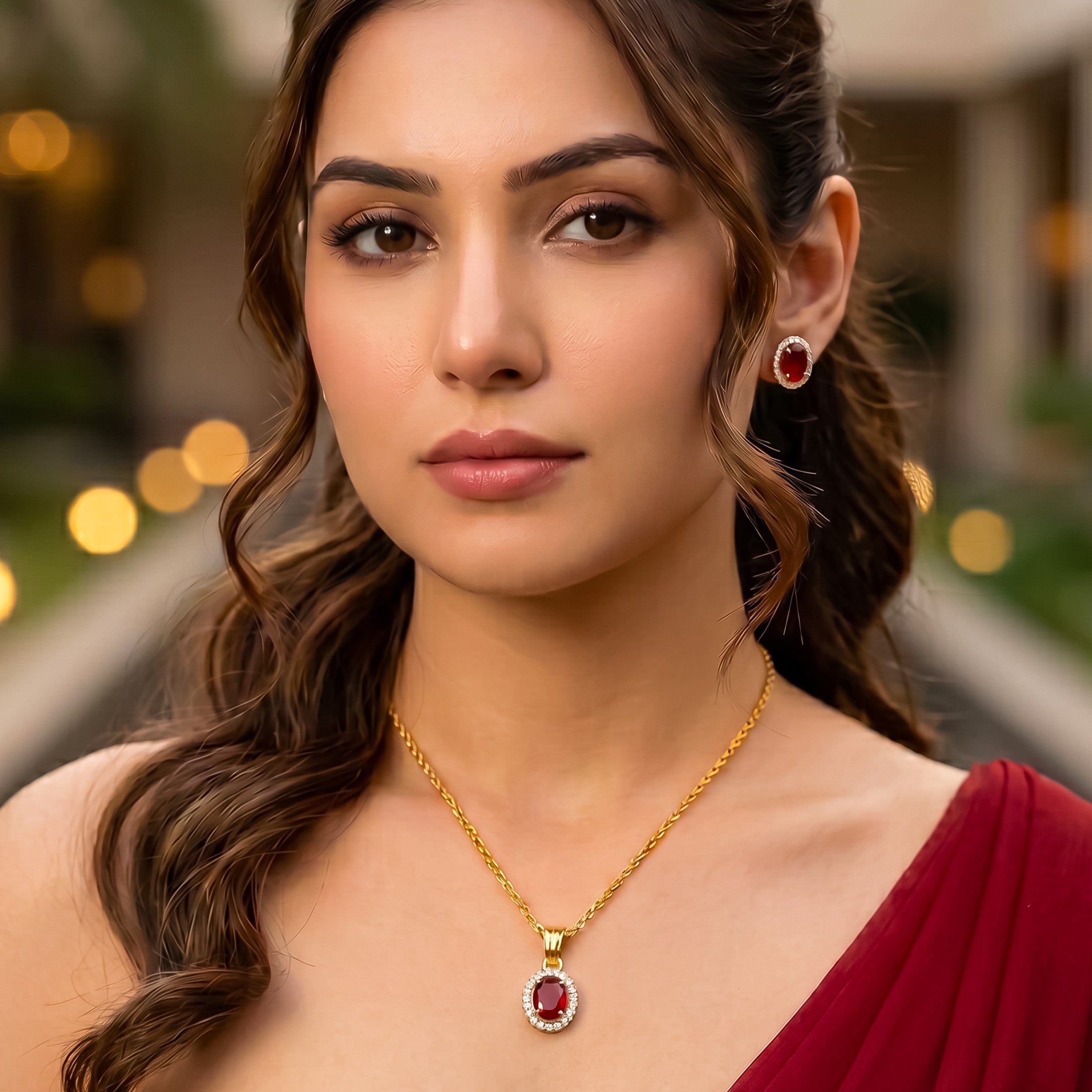 Gold Plated Red Cubic Zirconia Solitaire Halo Pendant & Earrings Set