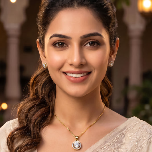 Gold Plated Solitaire Halo Style Pendant & Earrings Set