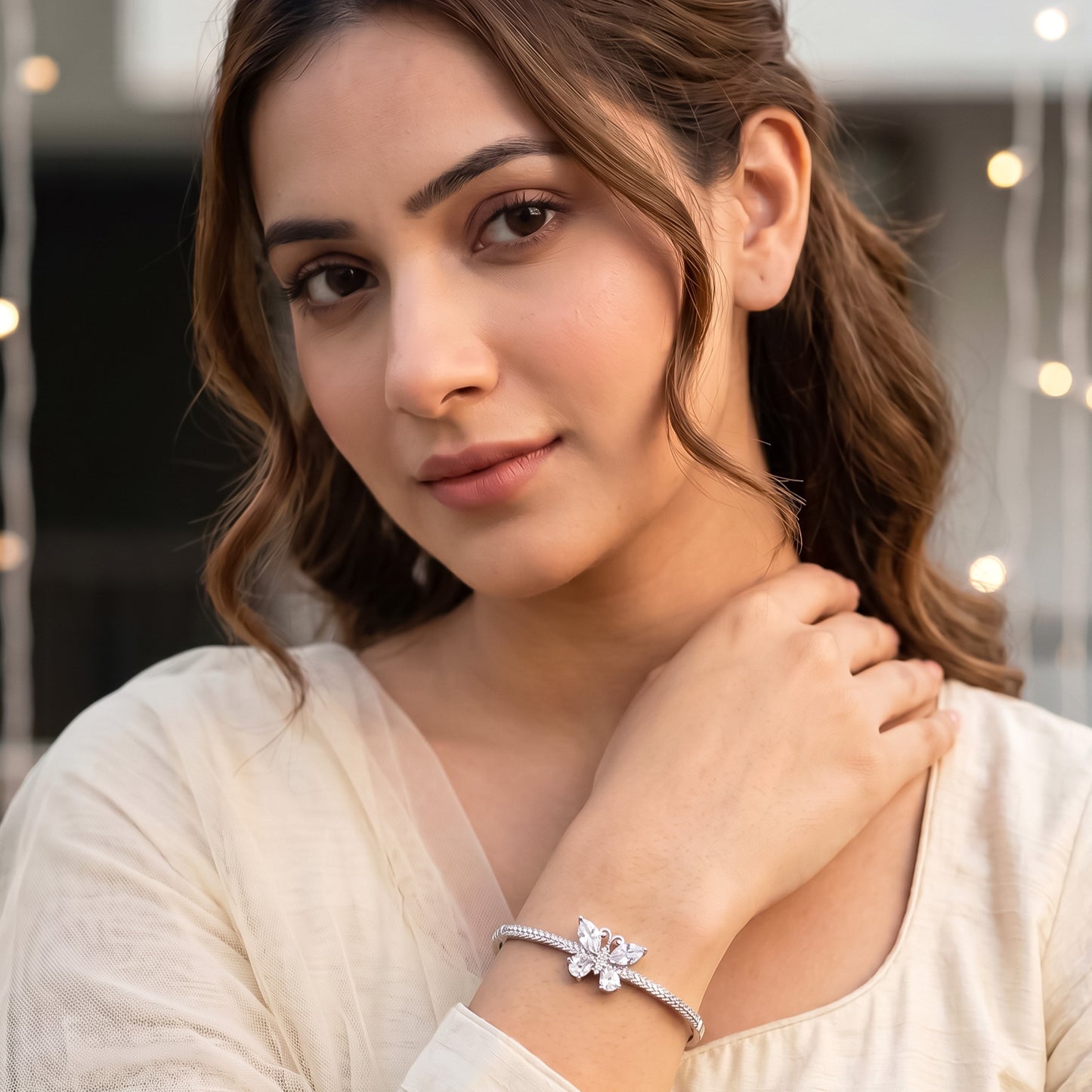 Rhodium Plated Cubic Zirconia Butterfly Bangle