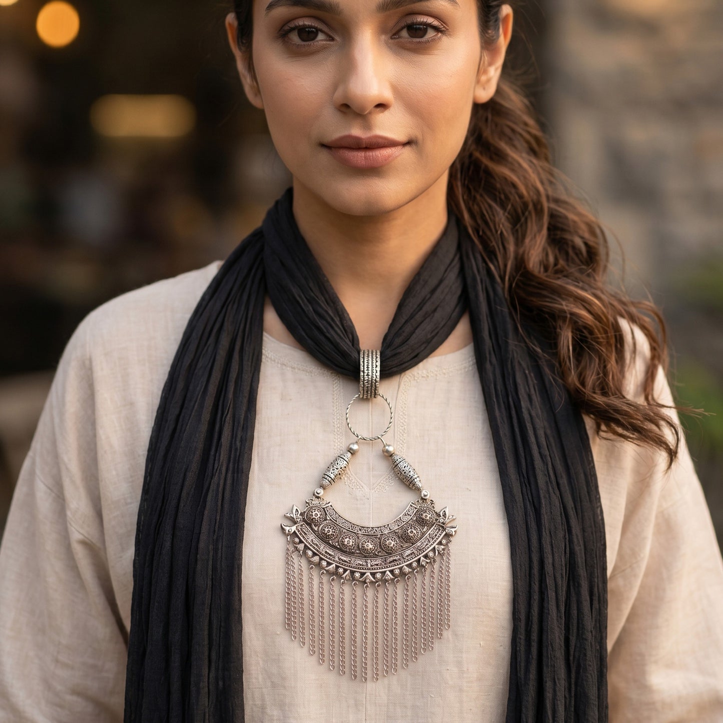 Black Georgette Scarf With Oxidized Motif