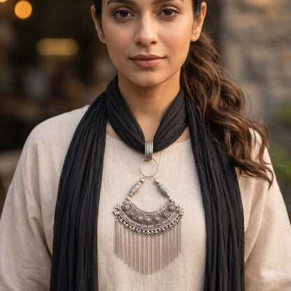 Black Georgette Scarf With Oxidized Motif