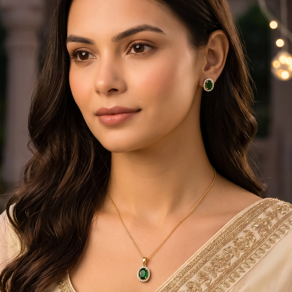 Gold Plated Green Cubic Zirconia Solitaire Halo Pendant & Earrings Set