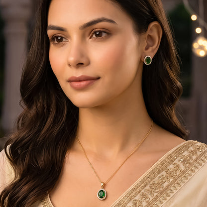 Gold Plated Solitaire Halo Pendant & Earrings Set