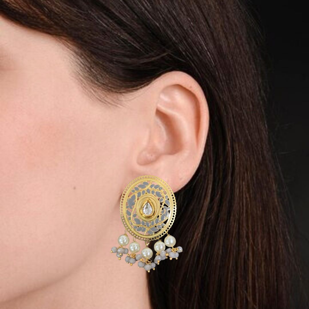 High-Quality Gold-Plated Studs with Grey Enamel & Semi-Cultured Pearls