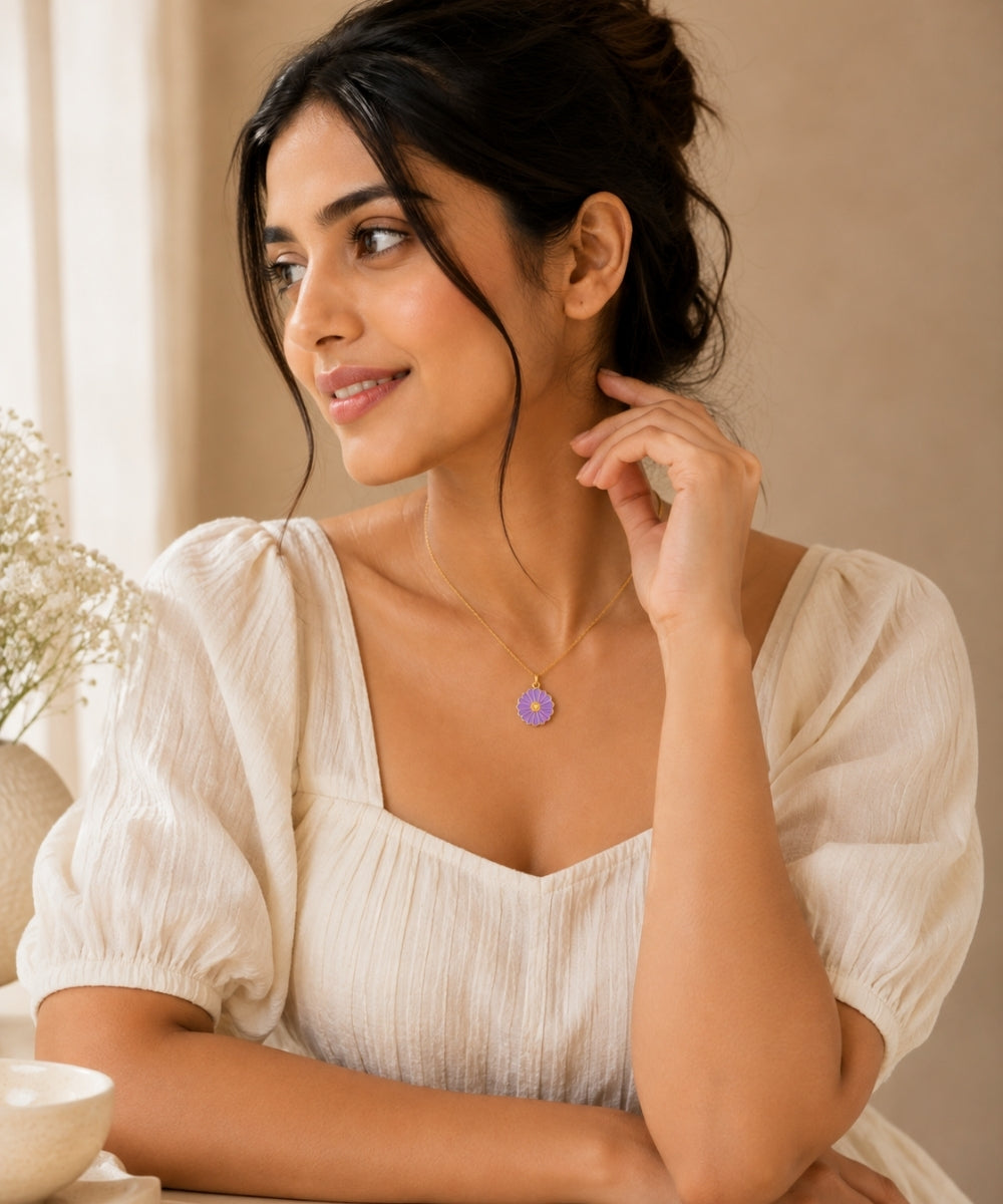 Gold Plated Purple Flower Pendant Necklace
