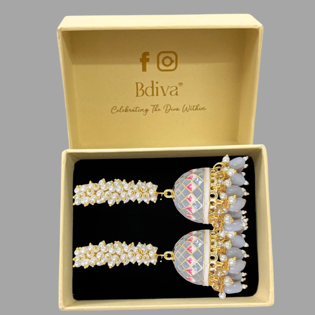 High-Quality Gold-Plated Jhumkis with Grey Enamel & Semi-Cultured Pearls