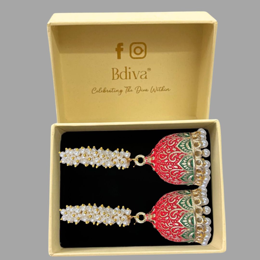 Handcrafted Red Enamel Gold-Plated Jhumkis with Semi-Cultured Pearls