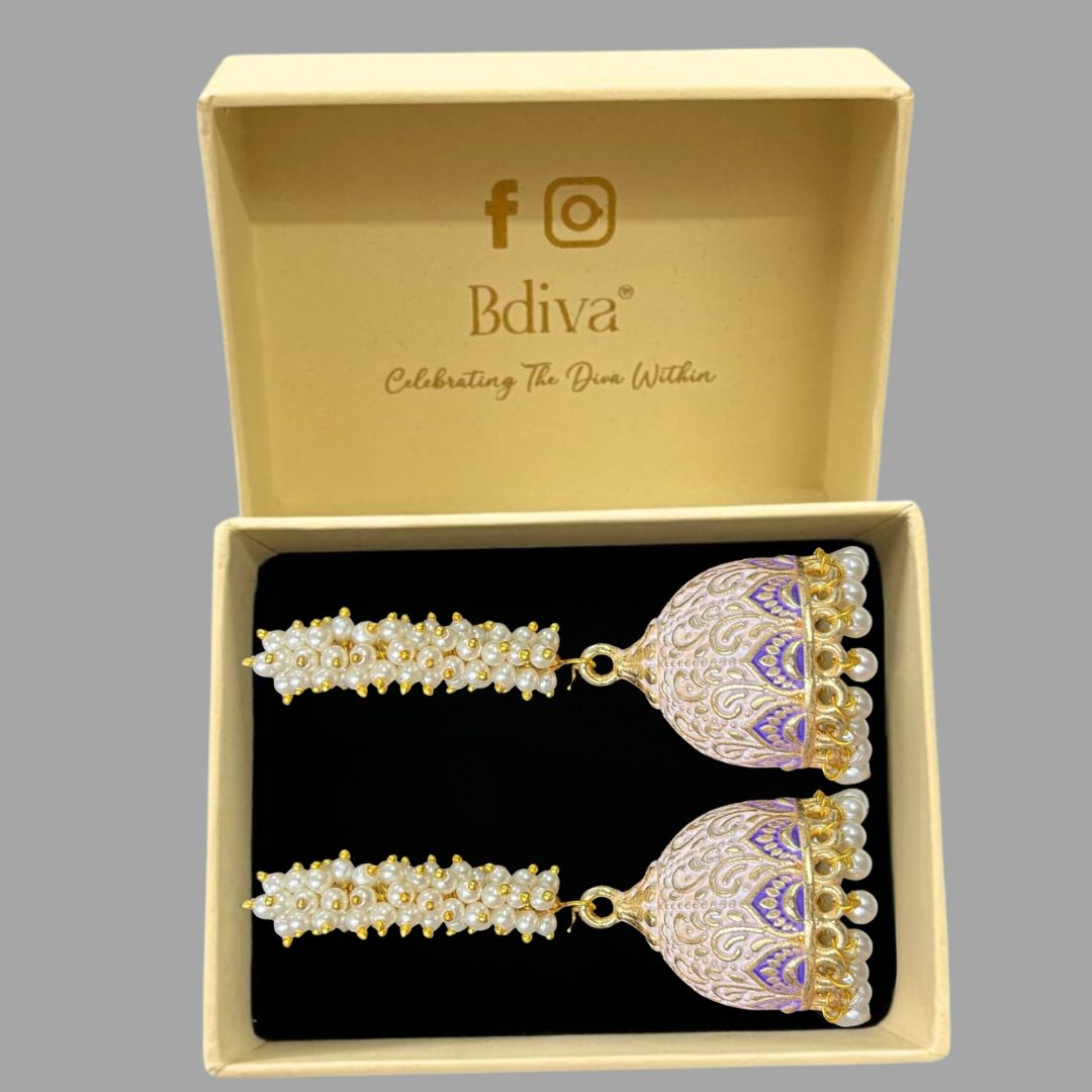 Elegant White Enamel Gold-Plated Jhumki Earrings with Pearl Detailing
