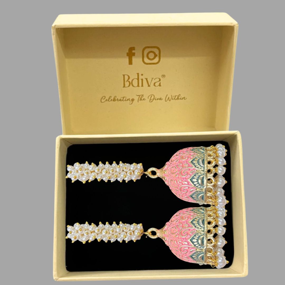 High-Quality Gold-Plated Jhumkis with PinkEnamel Work and Semi-Cultured Pearls