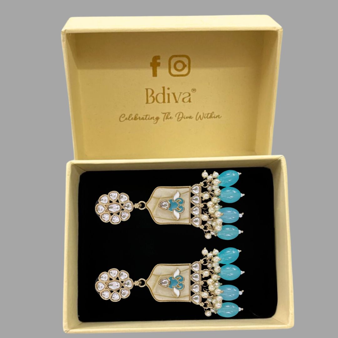 High-Quality Gold Plated Kundan Earrings with Enamel & Blue Semi-Cultured Pearls