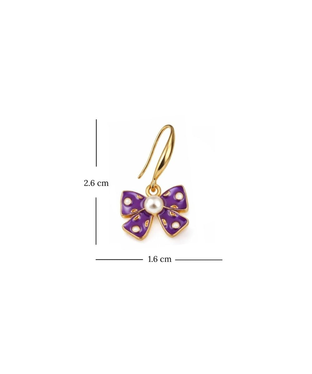 Gold Plated Purple Bow Pearl Drop Earrings