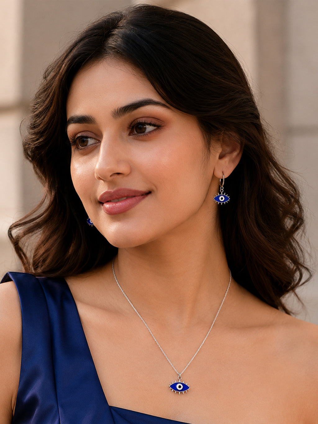 Rhodium-Plated Evil Eye Pendant Set