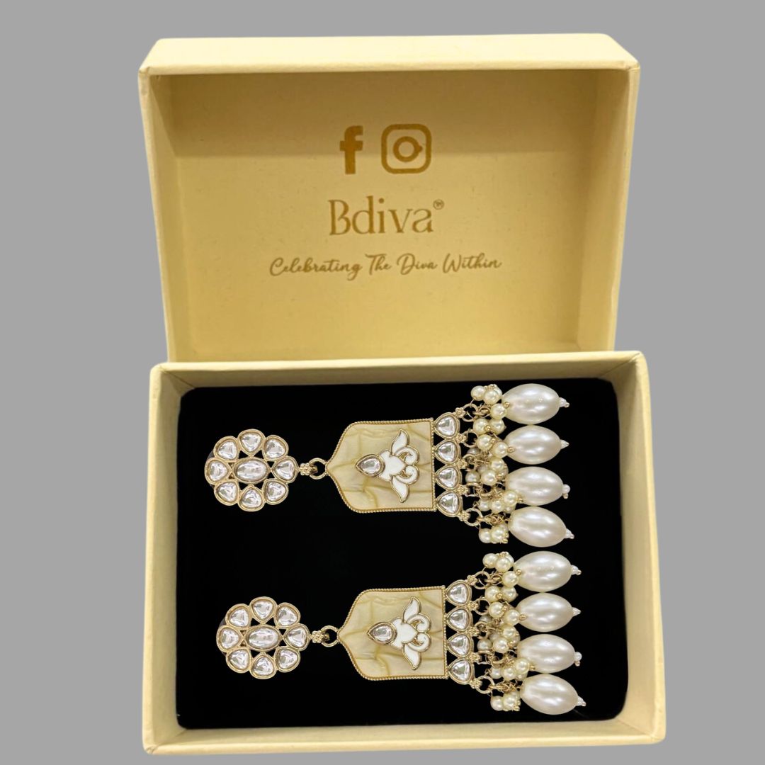 High-Quality Gold Plated Kundan Earrings with Enamel & White Semi-Cultured Pearls