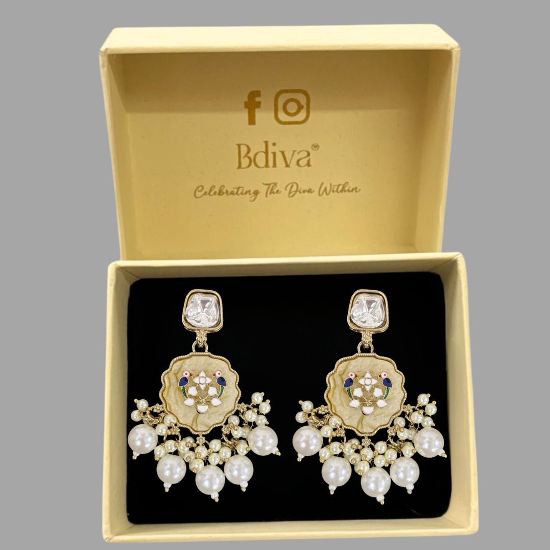 High-Quality Gold Plated Kundan Dangler Earrings with Enamel & White Semi-Cultured Pearls