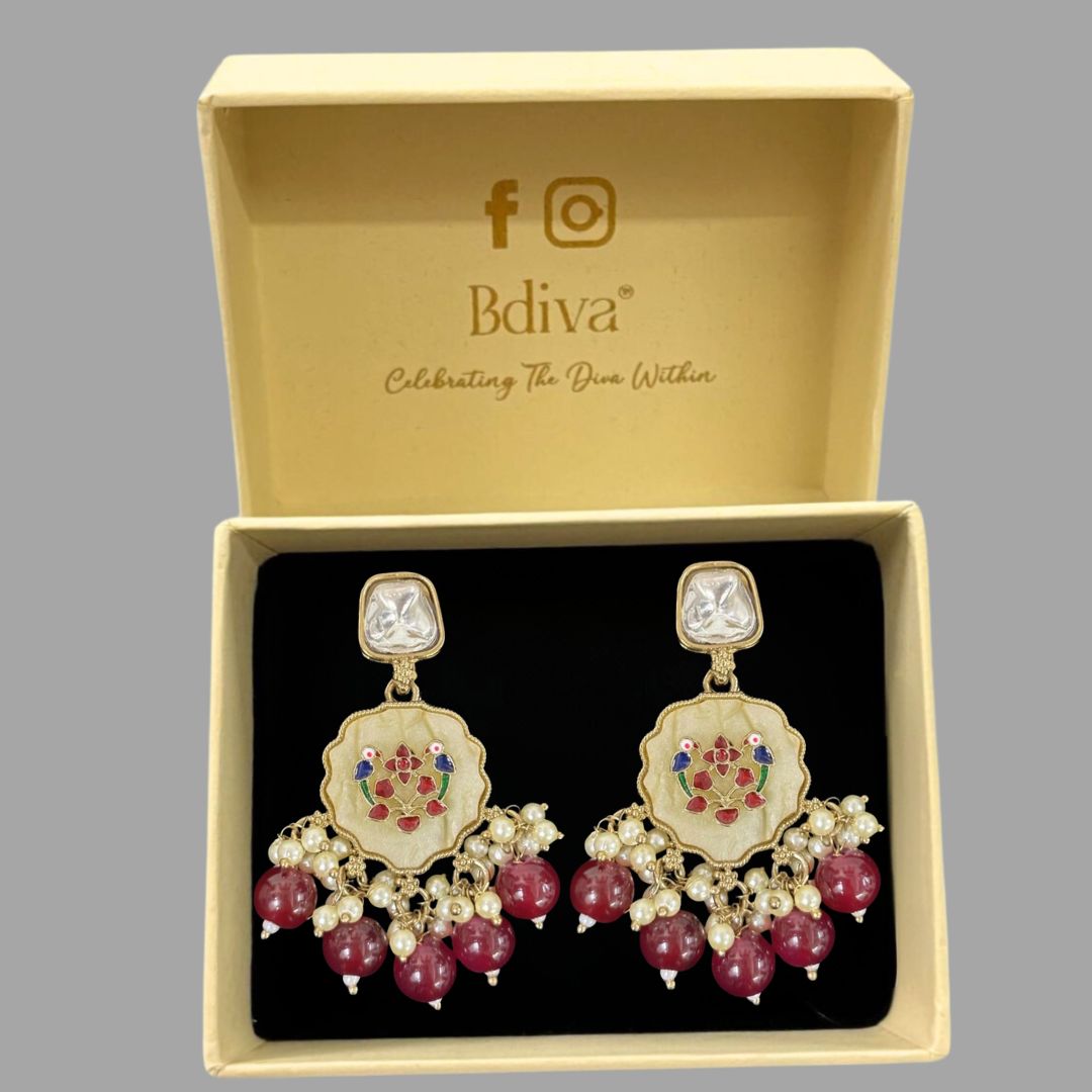 High-Quality Gold Plated Kundan Enamel Earrings with Maroon Semi-Cultured Pearls