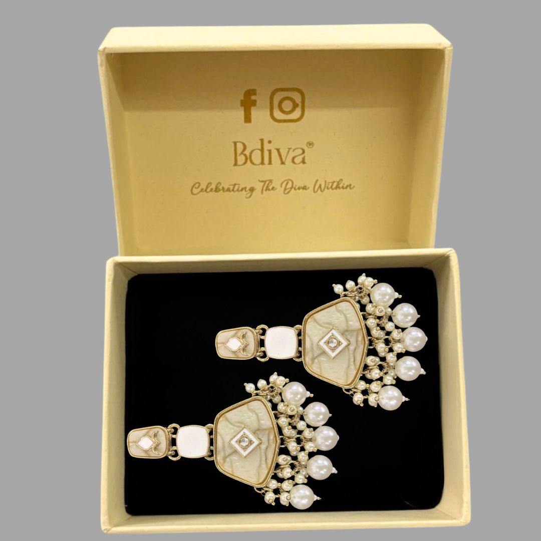 Gold Plated Pearl Drop Earrings with Intricate Enamel Detailing