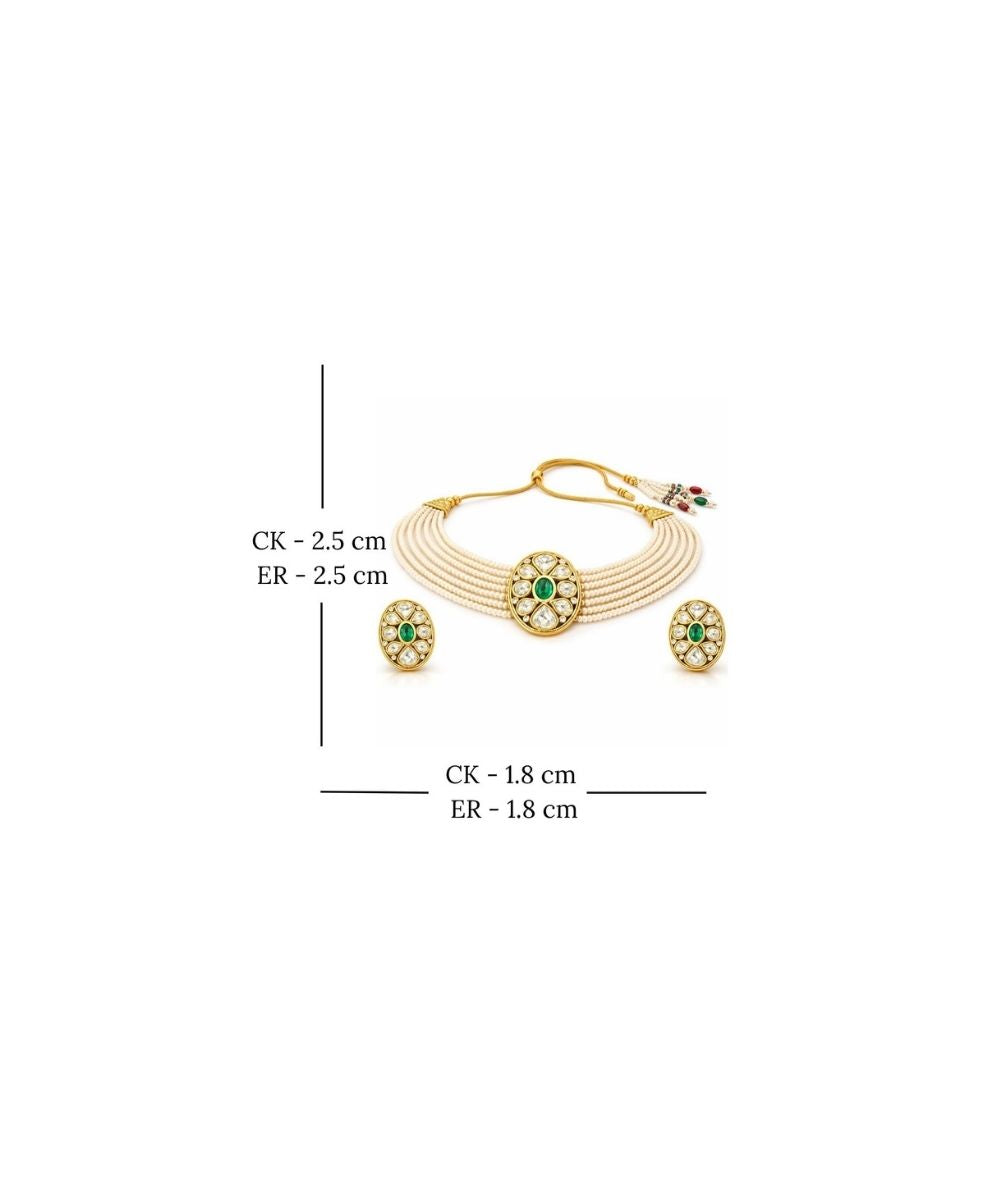 Gold Plated Green Kundan Semi Cultured Pearl Choker Set