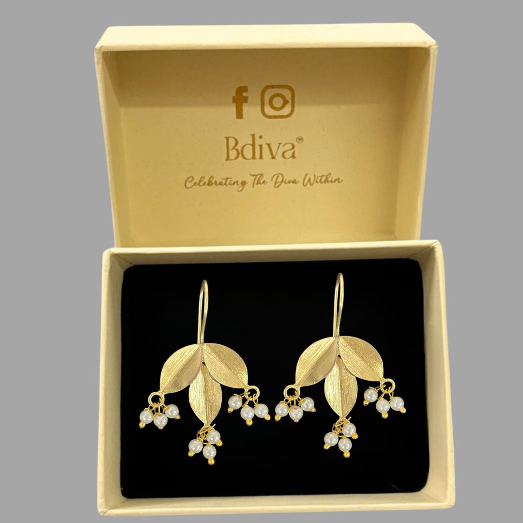 Gold-Plated Leaf Pearl Dangle Earrings