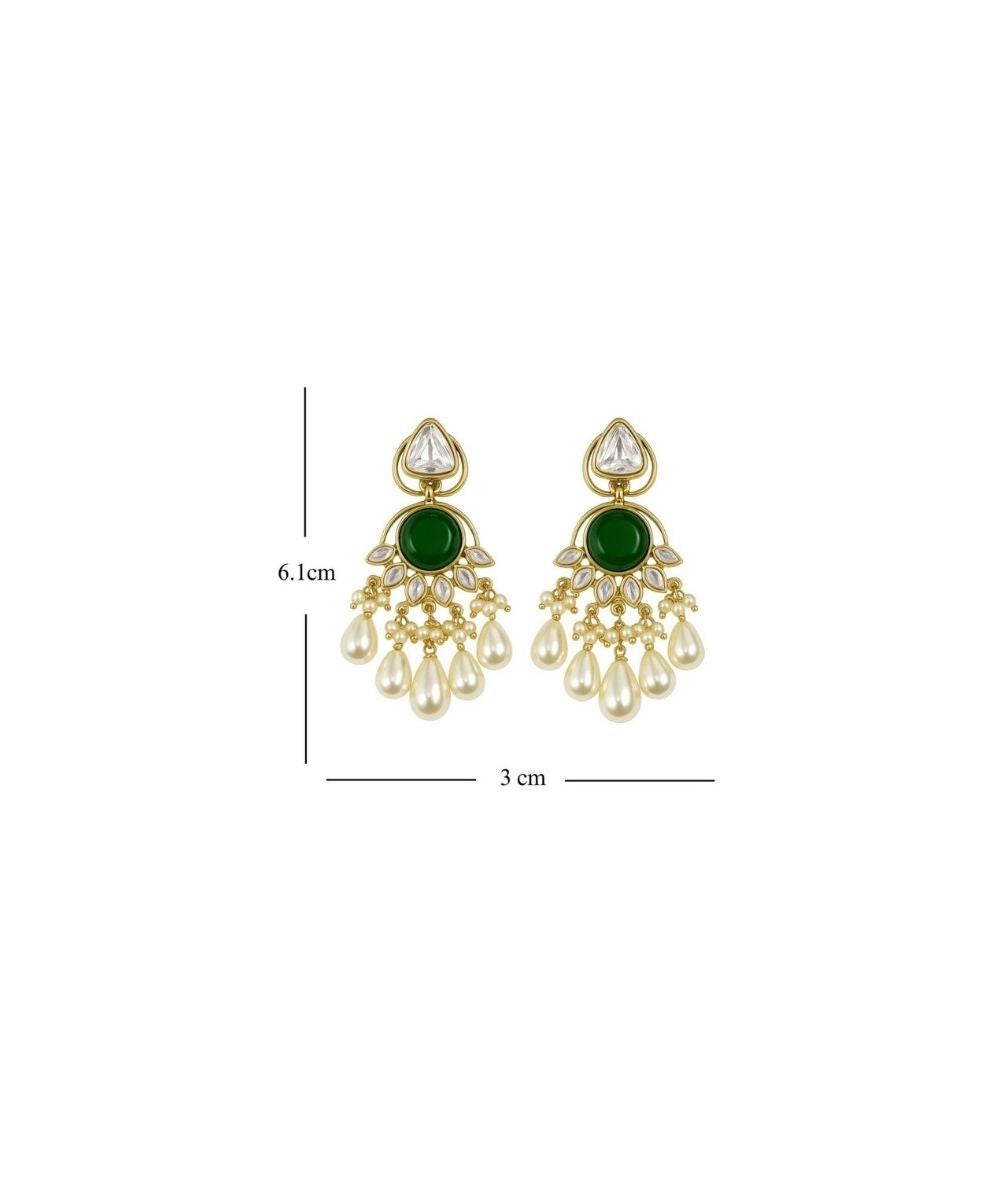 Gold Plated Green Stone Pearl Drop Earrings