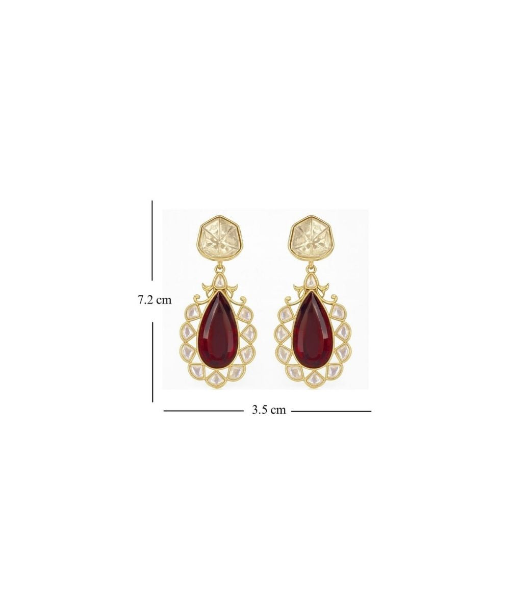Gold Plated Red Stone Kundan Drop Earrings