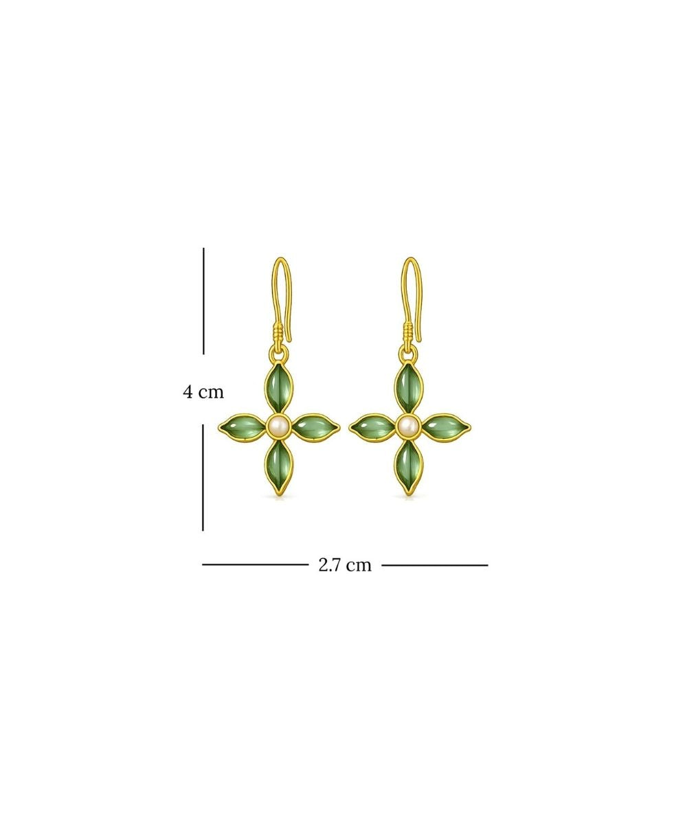 Gold Plated Green Floral Cubic Ziconia Pearl Drop Earrings