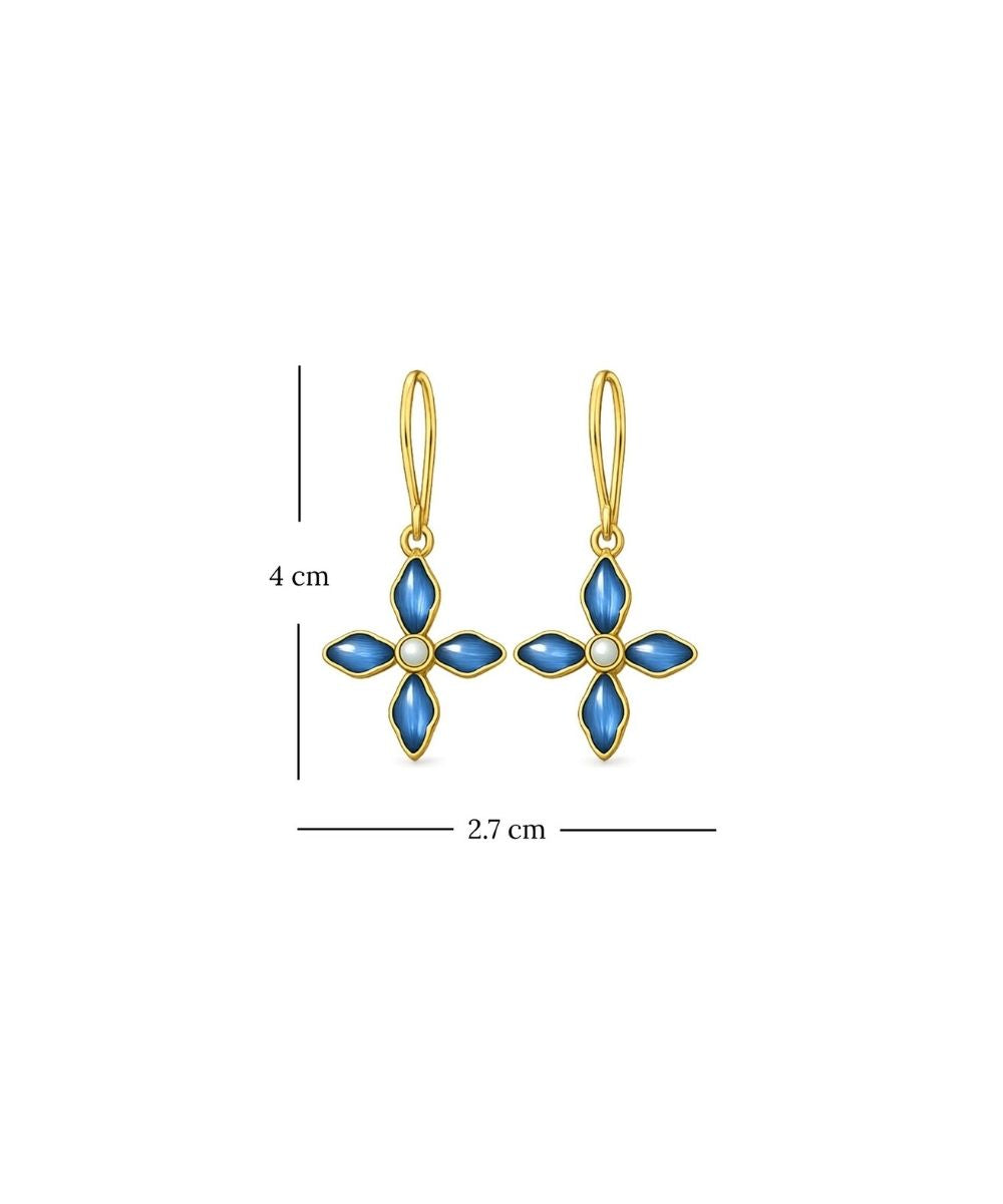 Gold Plated Blue Floral Cubic Ziconia Pearl Drop Earrings