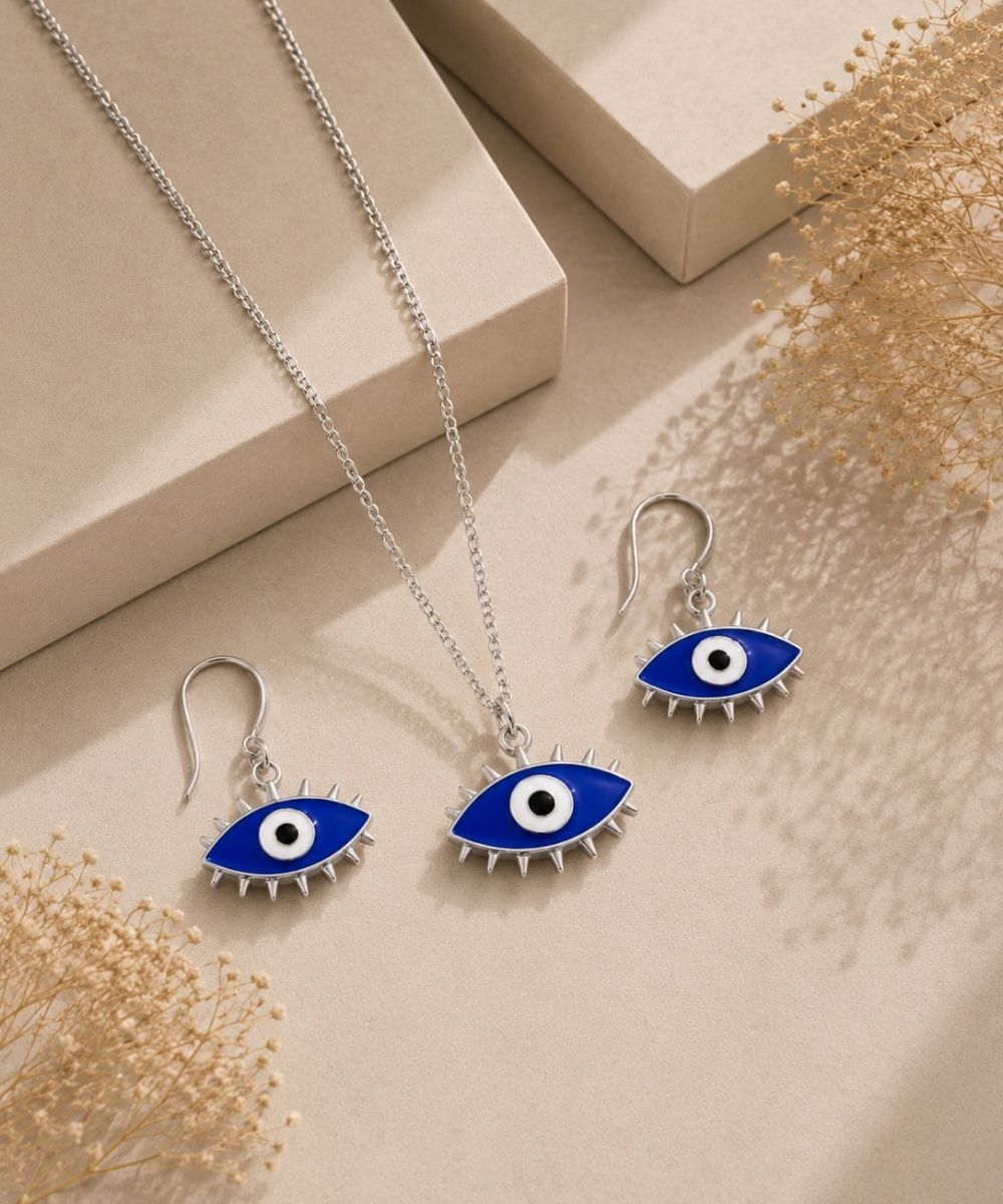 Rhodium-Plated Evil Eye Pendant Set