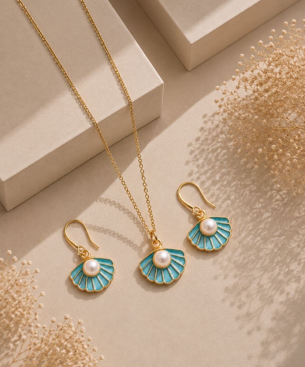 Gold-Plated Aqua Pearl Pendant Set