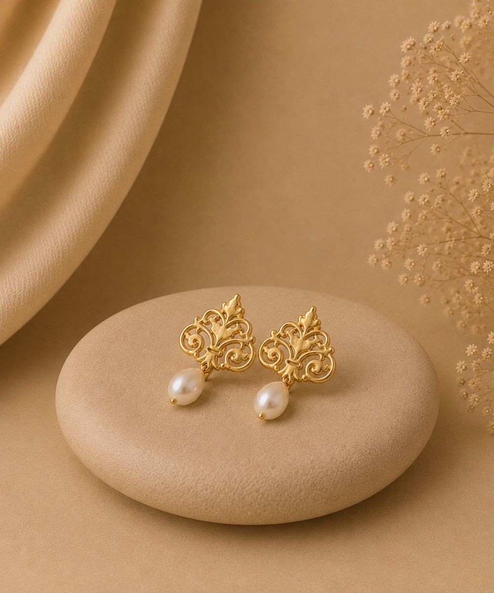 Gold Plated Filigree Style Pearl Drop Earrings
