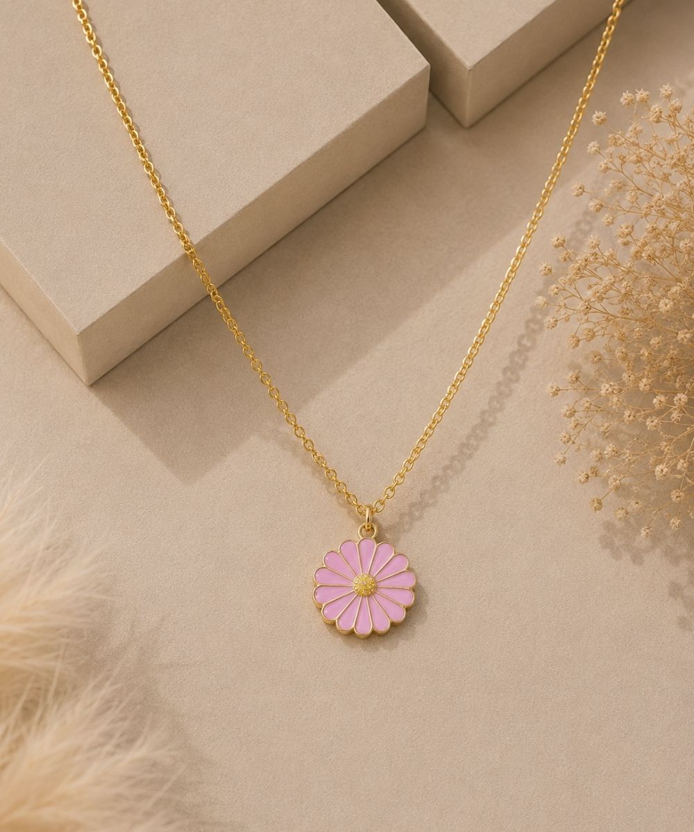 Gold Plated Pink Flower Pendant Necklace