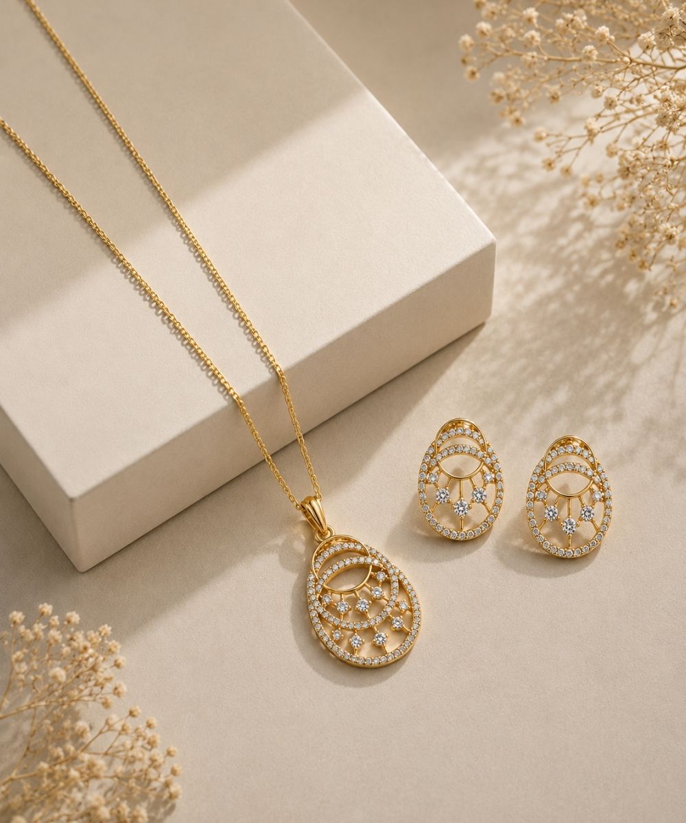 Gold Plated Cubic Zirconia Double Circle Pendant Set