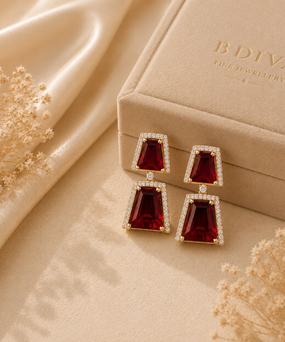 Gold Plated Red Cubic Zirconia Drop Earrings