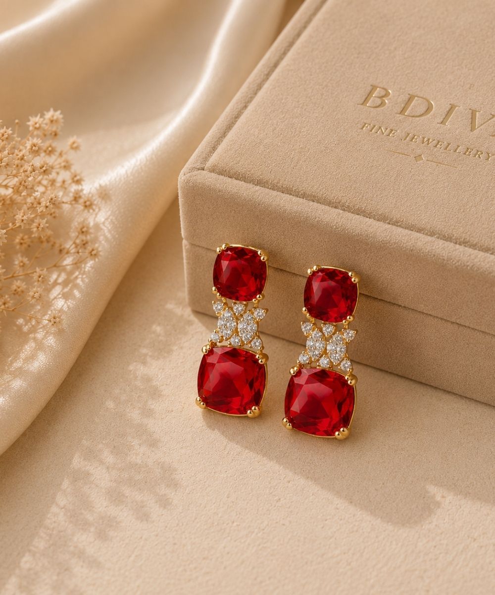 Gold Plated Red Cubic Zirconia Drop Earrings
