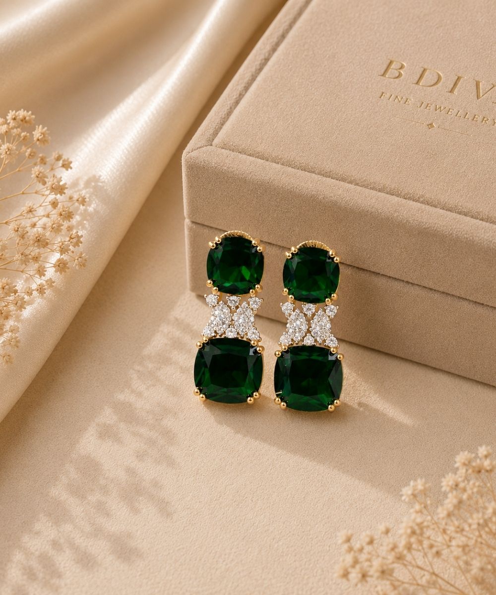 Gold Plated Green Cubic Zirconia Drop Earrings