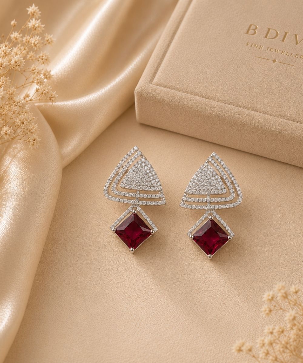 Rhodium Plated Red Ruby Earrings