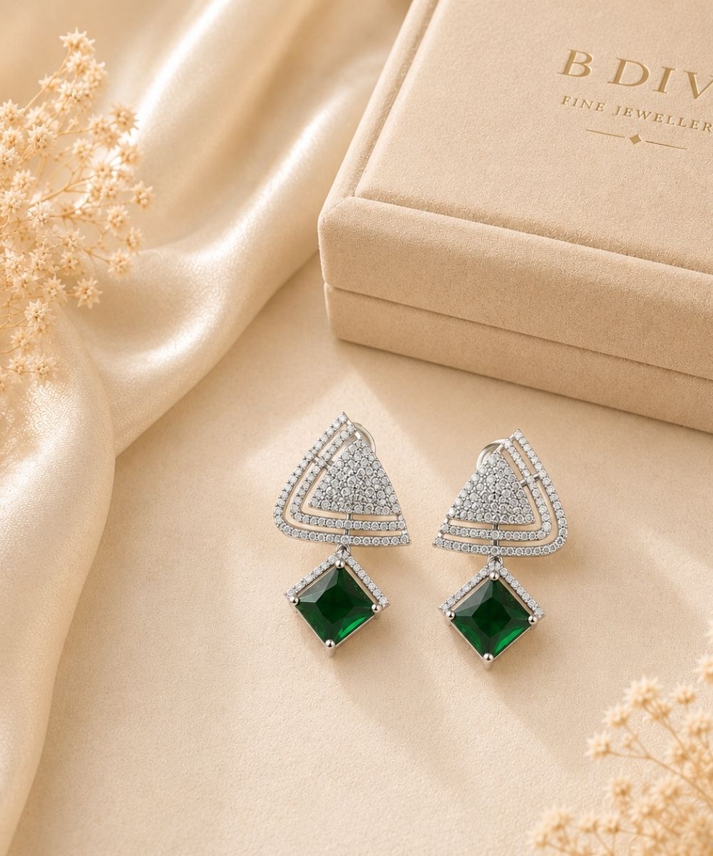 Rhodium Plated Green Topaz Earrings