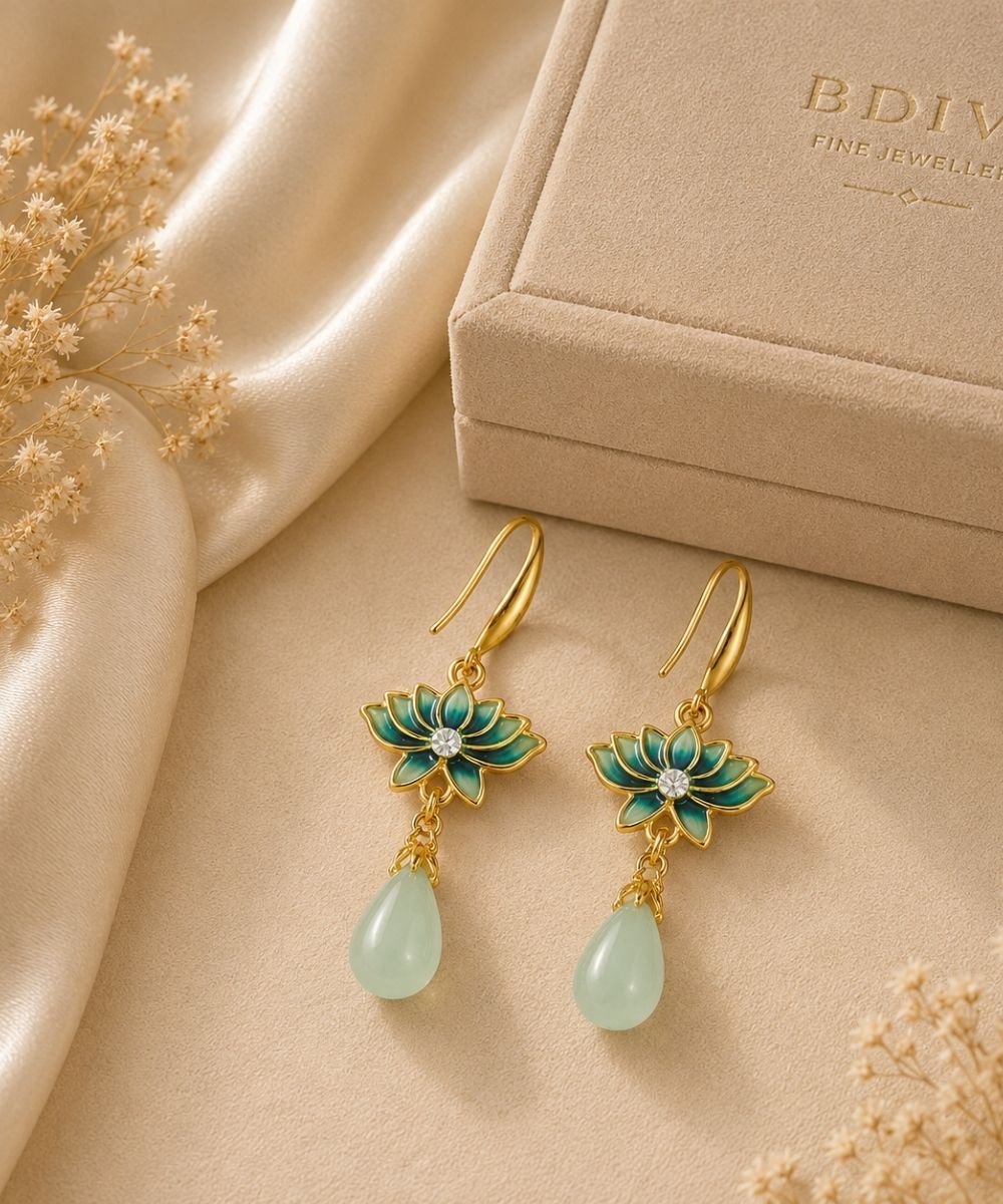 Gold Plated Lotus Pearl Drop Earrings