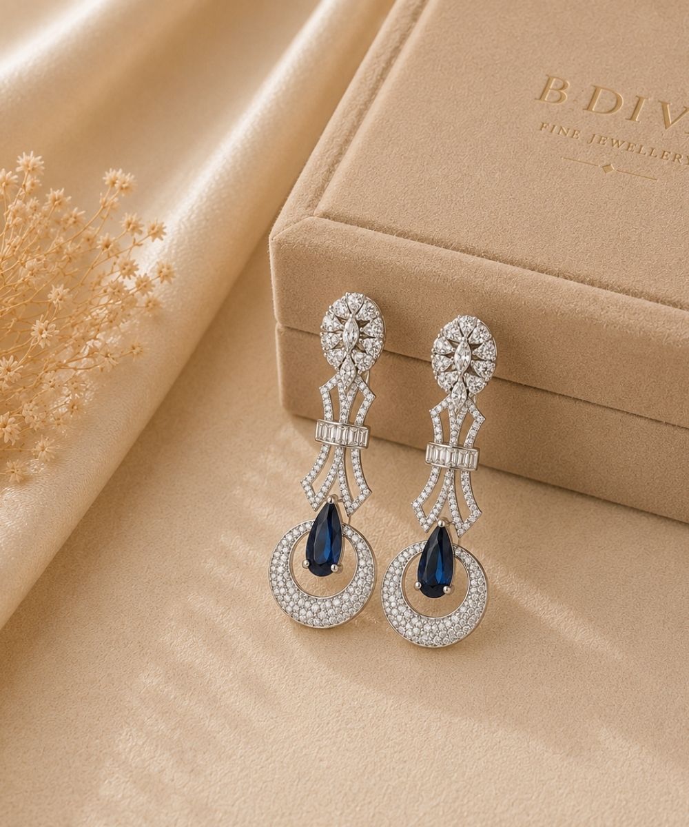 Rhodium Plated Blue Cubic Zirconia Drop Earrings