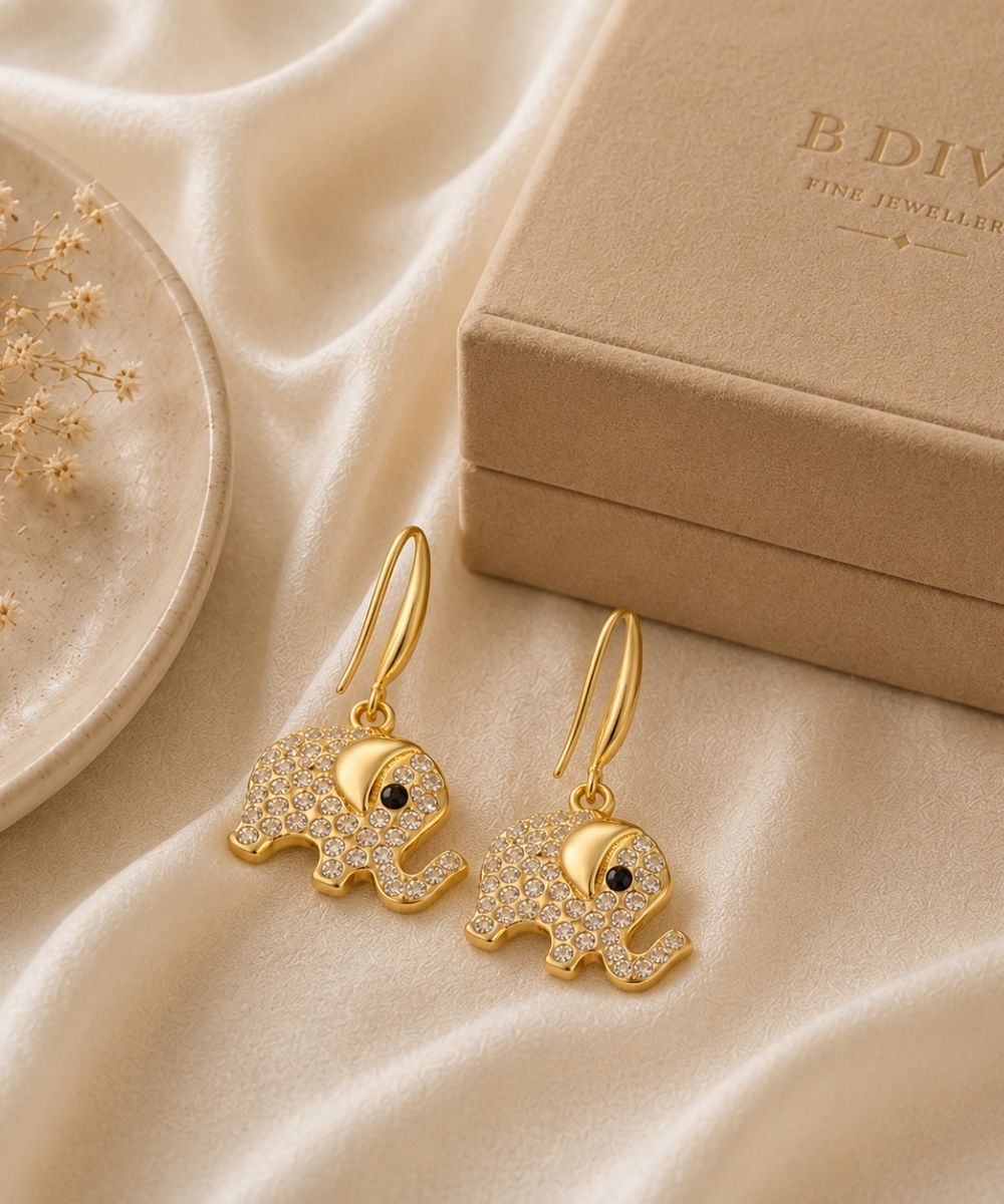 Gold Plated Elephant Charm Evil Eye Drop Earrings