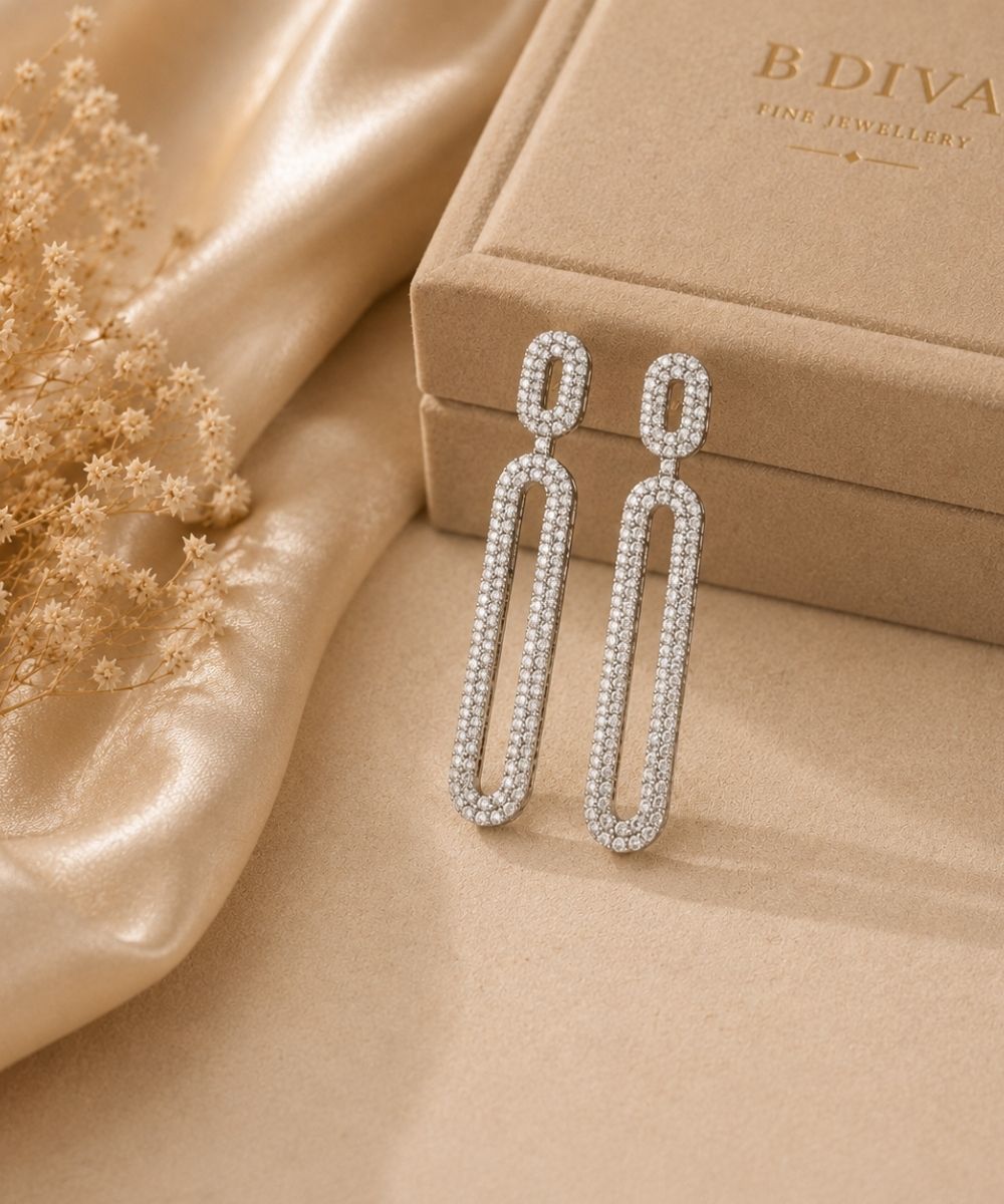 Rhodium Plated Cubic Zirconia Contemporary Style Earrings