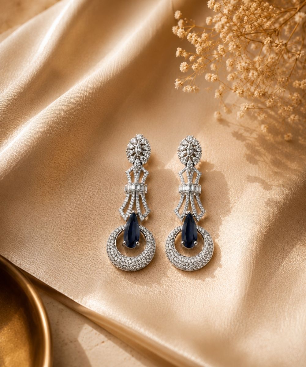 Rhodium Plated Blue Cubic Zirconia Drop Earrings