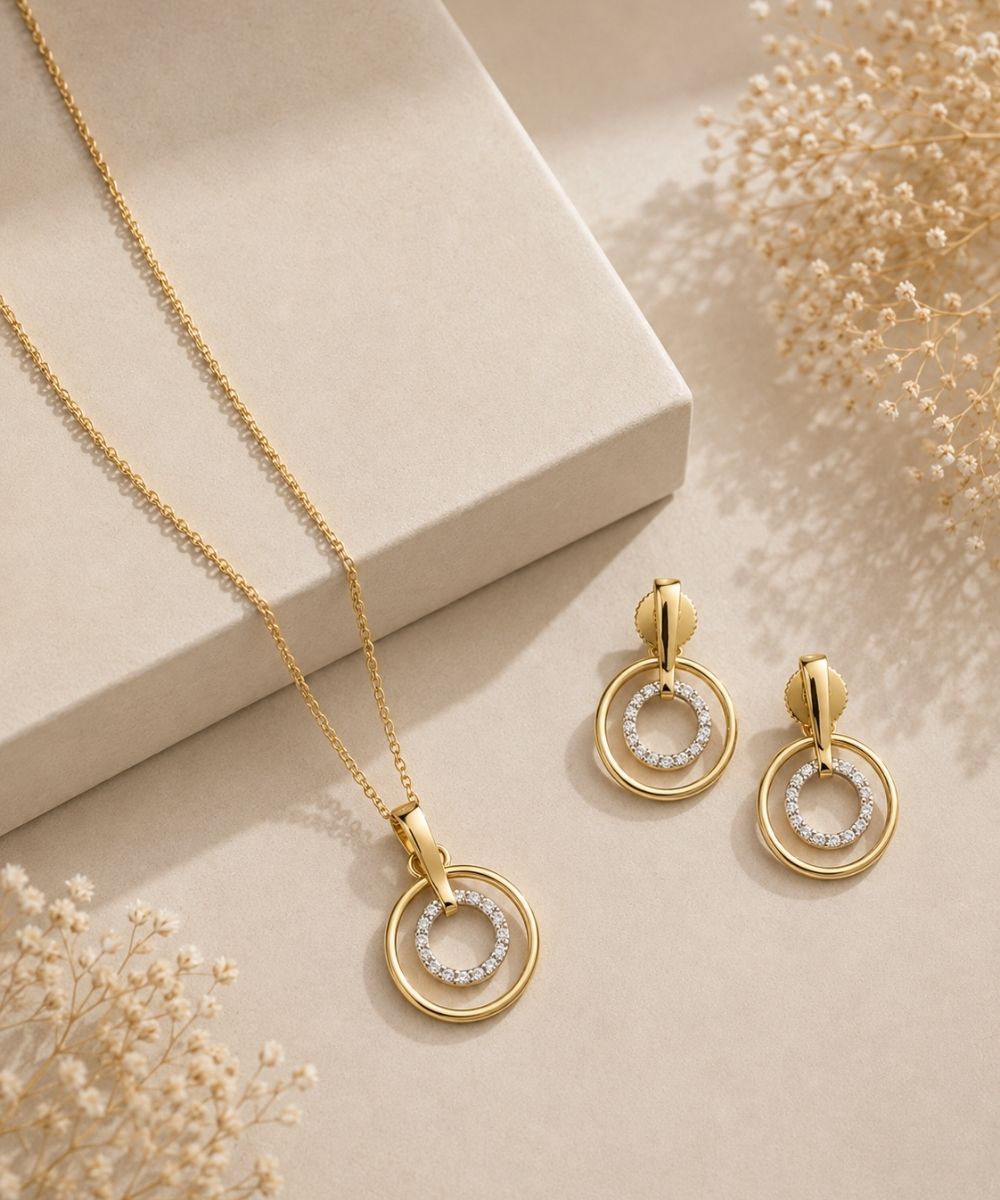 Gold Plated Cubic Zirconia Double Circle Pendant Set