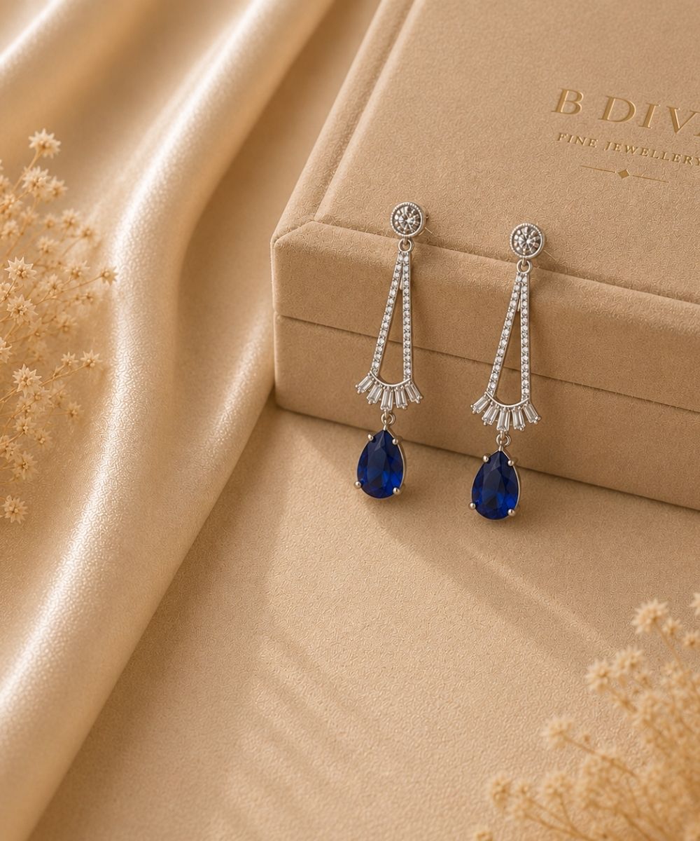 Rhodium Plated Blue Cubic Zirconia Drop Earrings