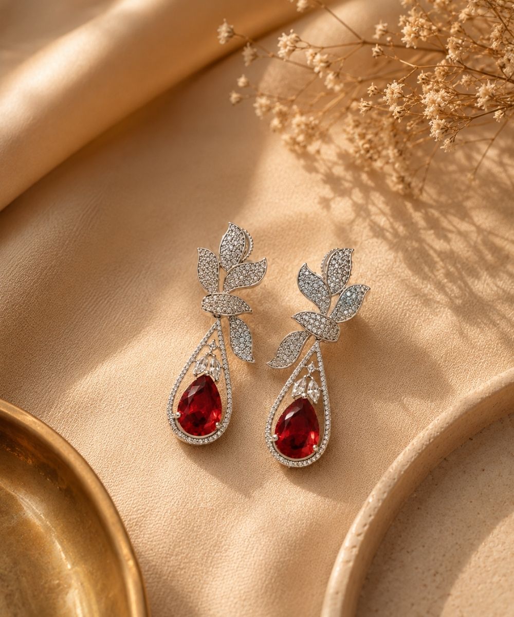 Rhodium Plated Red Cubic Zirconia Floral Style Drop Earrings