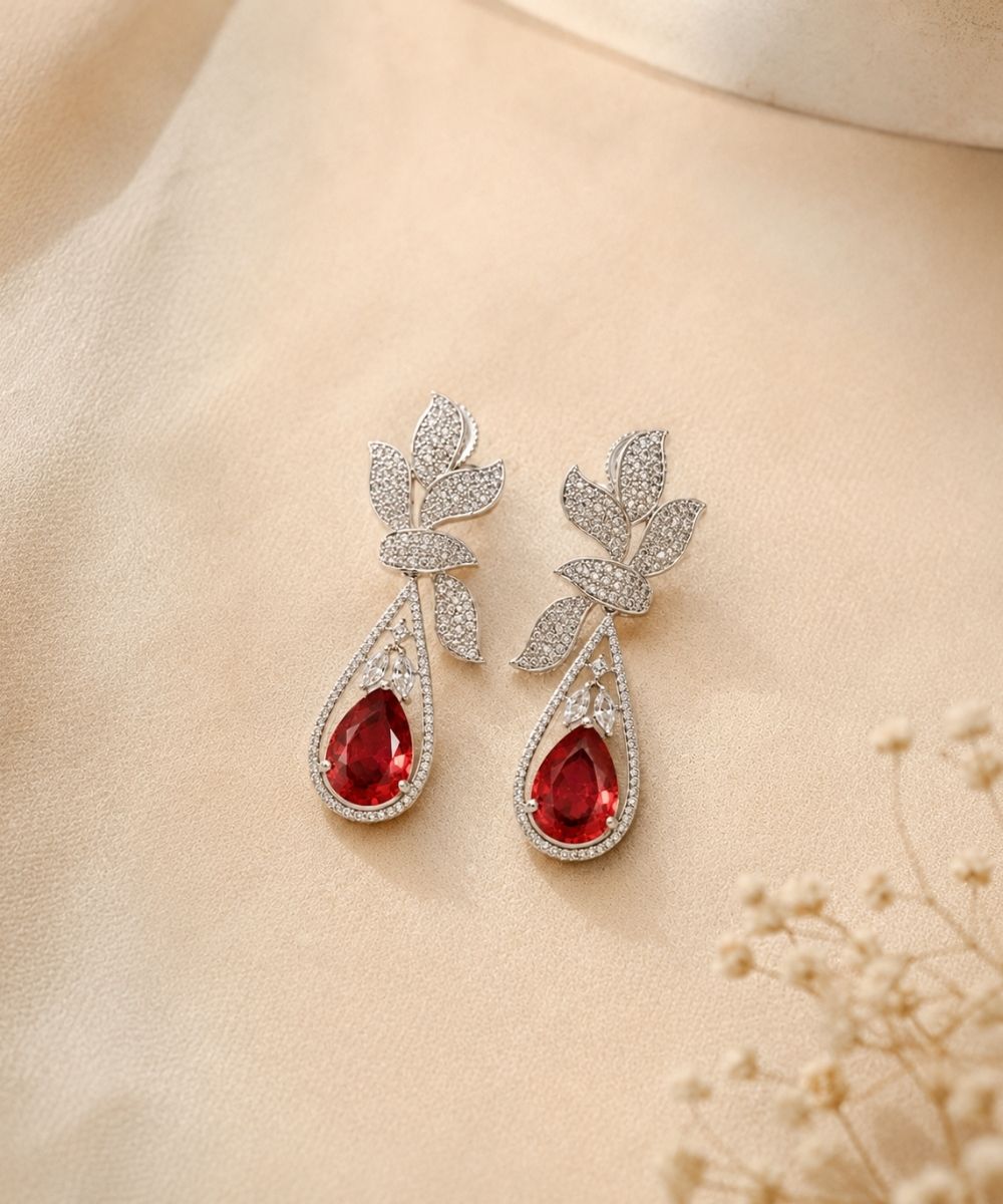 Rhodium Plated Red Cubic Zirconia Floral Style Drop Earrings