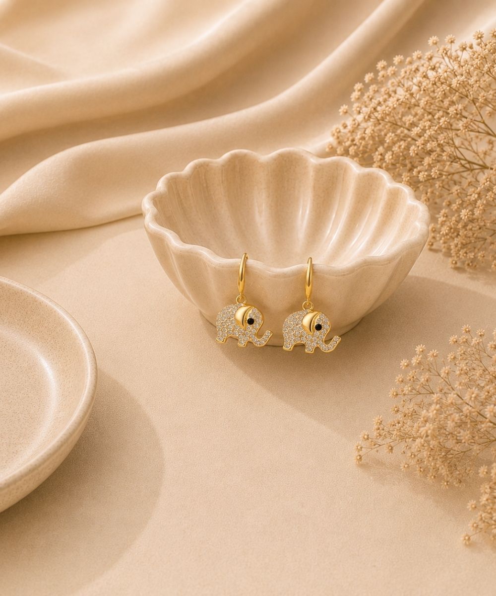 Gold Plated Elephant Charm Evil Eye Drop Earrings